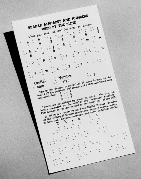 Braille Alphabet and Numbers Card, displaying each letter of the alphabet in both print and braille.