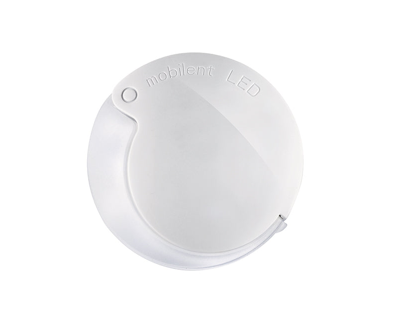 Eschenbach Mobilent LED circular magnifier folded up. White plastic case, edge of translucent magnifier lens visible.