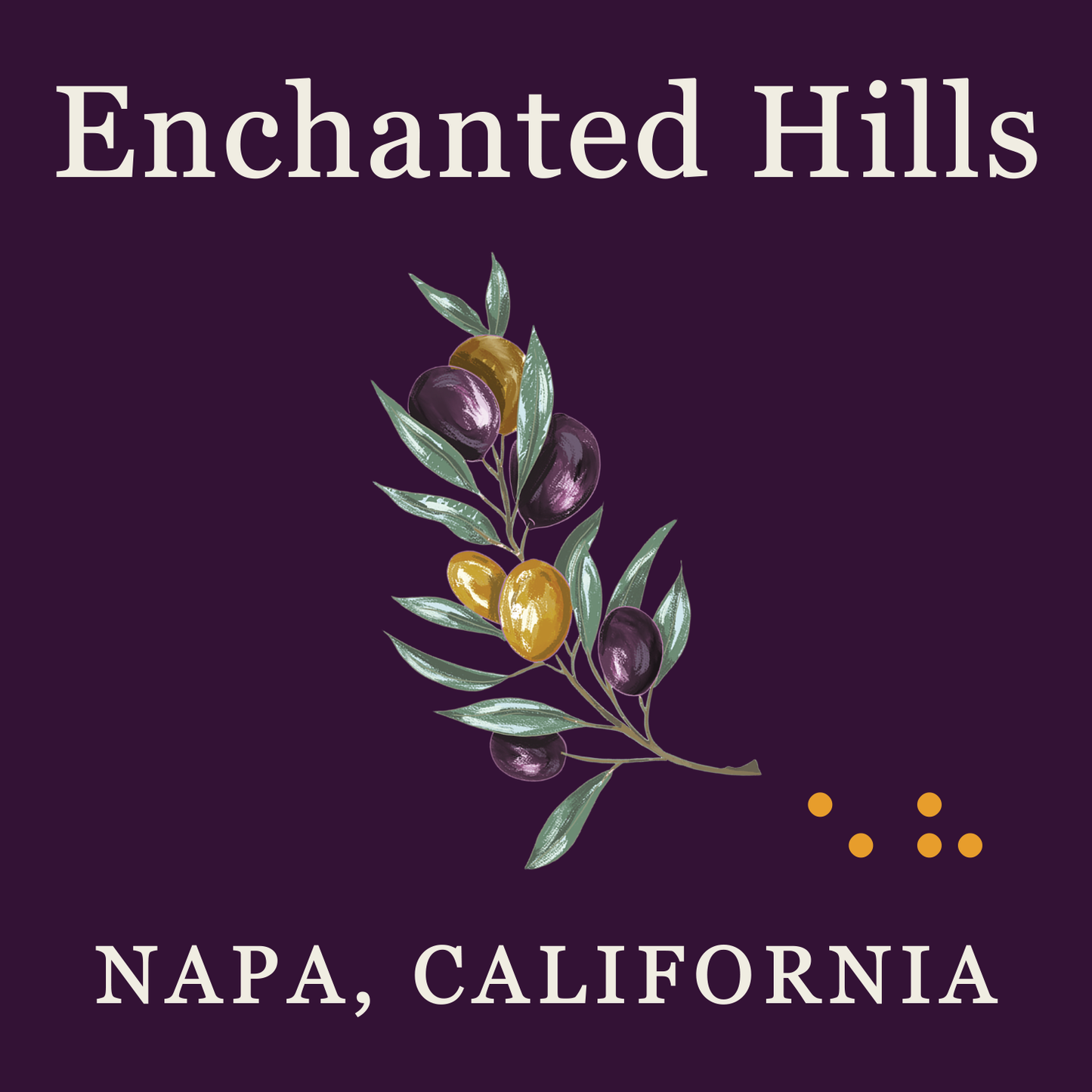 Enchanted Hills Napa logo. Brilliant purple background with a gold, purple, and sage green olive branch in the middle. Above the olive branch are the words "Enchanted Hills", below are the words, " Napa, California". To the right of the olive branch are the letters E and H in braille.