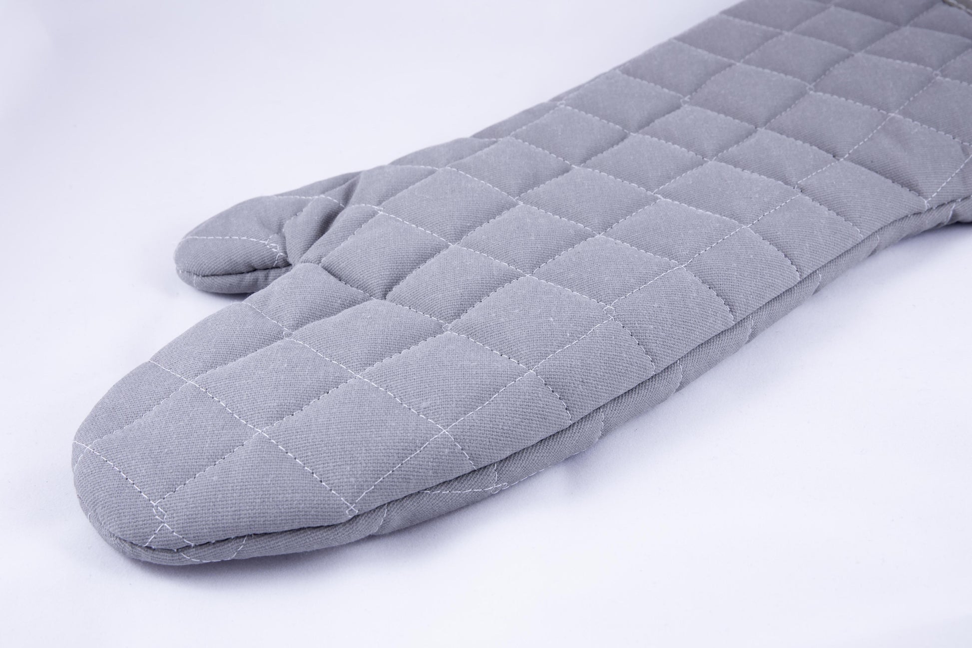 A gray oven mitt half-arm length