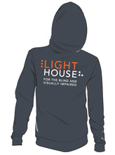 Load image into Gallery viewer, A gray hoodie with the LightHouse logo on the back