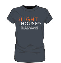 Load image into Gallery viewer, LightHouse Design on t-shirt with Braille symbols for L &amp; E on the side