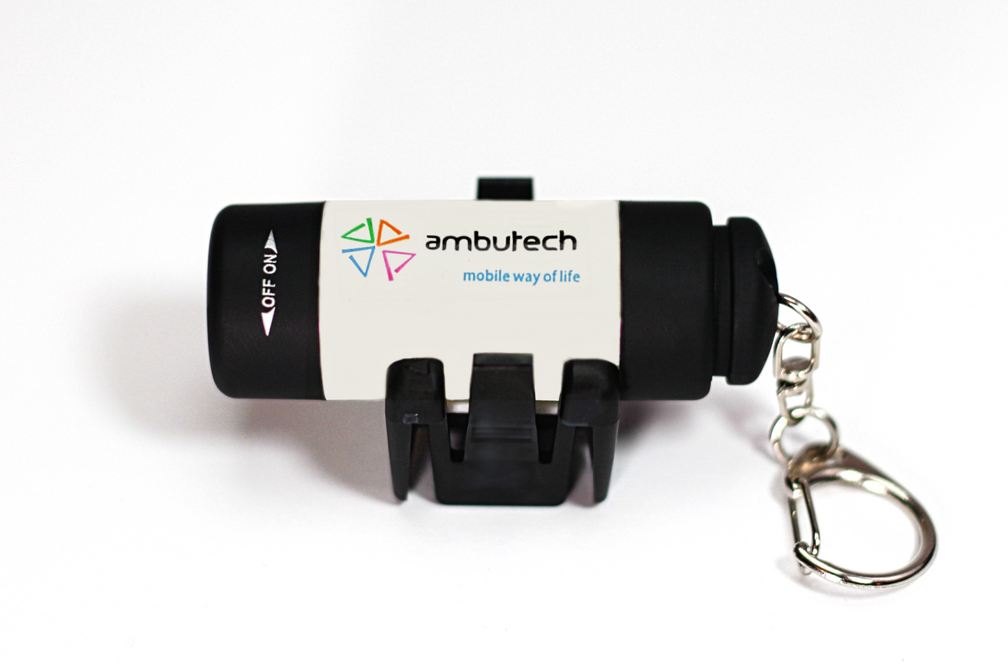 Pharos cane light shown on its own, silver keychain attached to the back end.