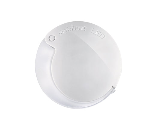 Eschenbach Mobilent LED circular magnifier folded up. White plastic case, edge of translucent magnifier lens visible.