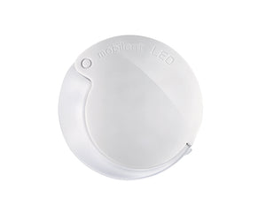 Eschenbach Mobilent LED circular magnifier folded up. White plastic case, edge of translucent magnifier lens visible.