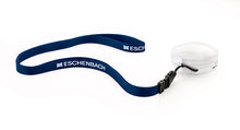 Load image into Gallery viewer, Eschenbach magnifier with long blue necklace lanyard, showcasing the way the magnifier can be worn around the neck.