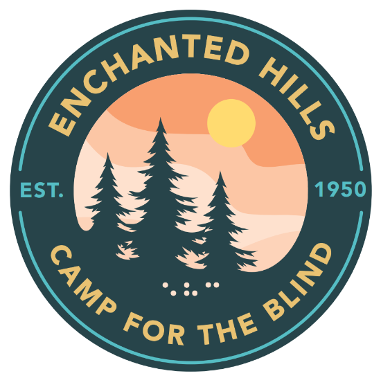 New Enchanted Hills logo with three trees under an orange sky. Above the image are the words "Enchanted Hills". Below the image are the words "Camp for the Blind". Next to the words are "Est 1950". Inside the image are the braille letters for EHC.