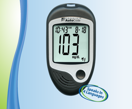 Prodigy Autocode Talking Glucometer unit, displaying the date, time, and blood glucose reading with a speaker and Memory 