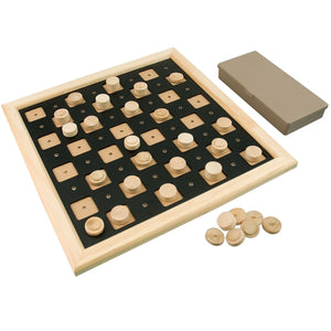 overhead view of checkerboard, box for pieces included 
