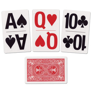 Large print playing cards, displays both the number/royal, suit, and color in large print on the top and bottom of each card. The back of the card is the standard bicycle design