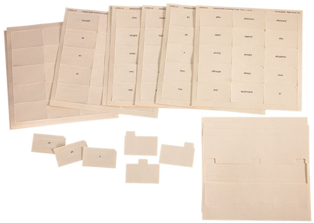 Full set of UEB flashcards, shipped in full sheets. The receiver will pop the cards out of the sheets and assemble the collection themselves.