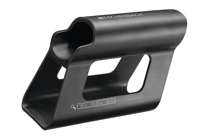 Eschenbach Mobase Stand. A Black elevated sleeve which holds the magnifier at the appropriate height.