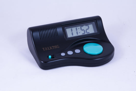 Curve clock w/ big blue talking button