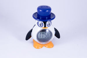 A penguin wearing a tophat w/ clock display at stomach