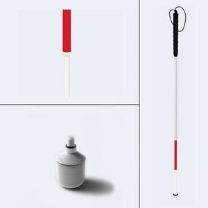 Ambutech Graphite Telescoping Cane in three panels, one showing the full cane, the second showing the bottom telescoping section, and the third showing the 8mm threaded roller tip.