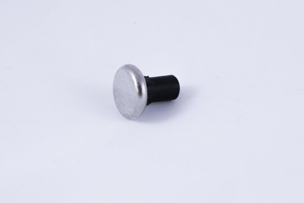 Circular metal cane tip with black rubber fixture.