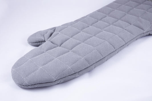 A gray oven mitt half-arm length