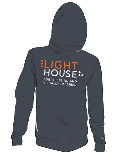 A gray hoodie with the LightHouse logo on the back