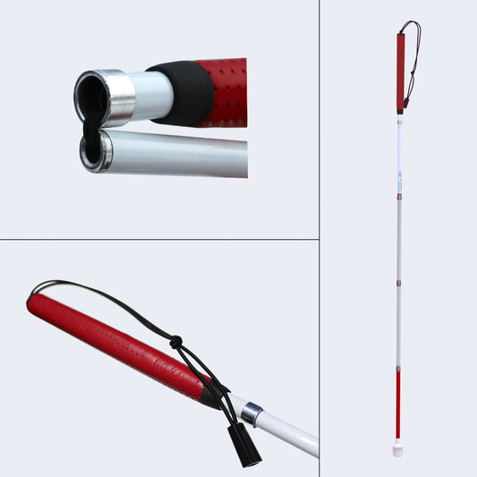 Ambutech No-Jab Folding Mobility Cane with Leather Handle. three images displaying joints, handle, and full cane.