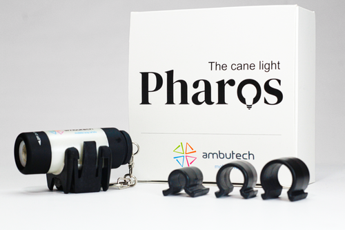 Pharos Cane Light shown with packaging and several different-diameter cane attachment