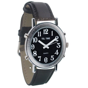 Tel-Time Mens Chrome Talking Watch - Black Face, Leather Band
