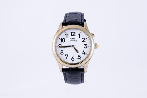 Mens Talking Watch with Black Leather Strap -Gold (Dual Voice)