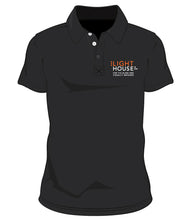 Load image into Gallery viewer, A black 3-buttoned polo shirt with the LightHouse logo on the heart